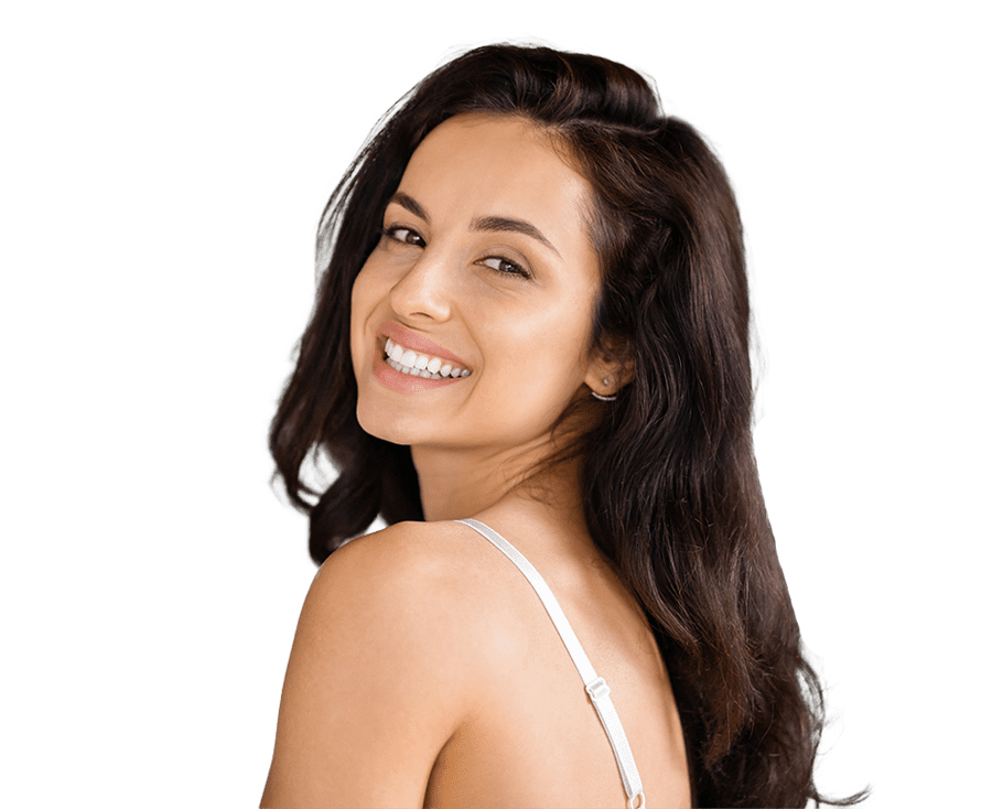 Woman smiling with smooth skin from dermal fillers in Mequon.
